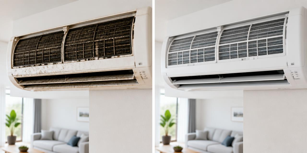 Antes y después de un split en un salón moderno: filtros con moho a la izquierda, unidad impecable a la derecha