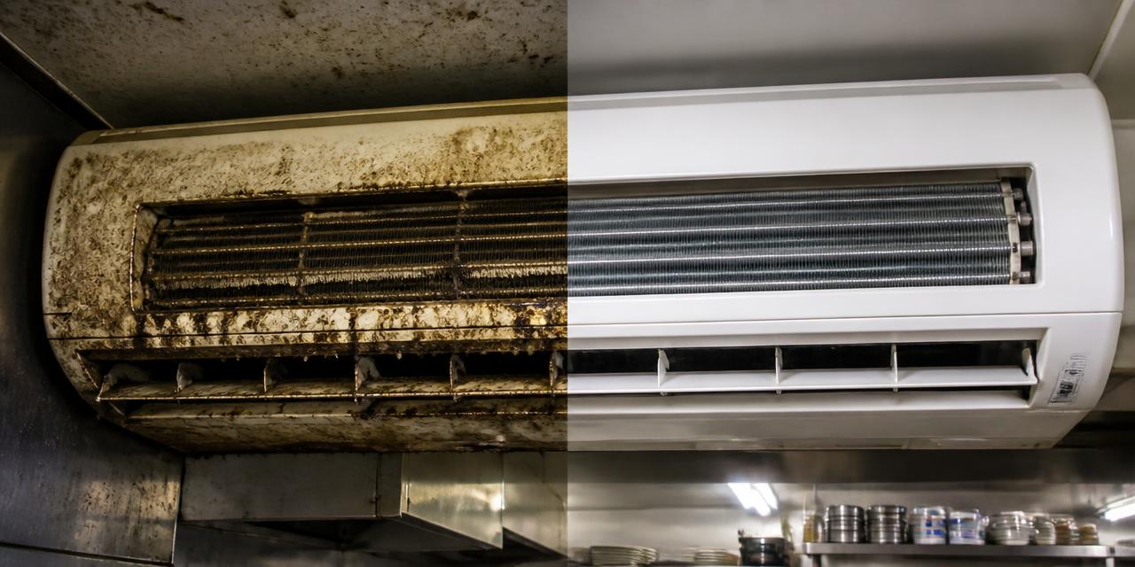 Antes y después: split de cocina profesional cubierto de grasa y hollín, después limpio y desengrasado